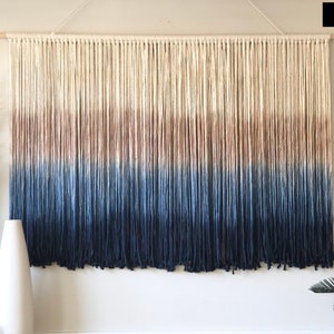 Blue Dip Dye Macrame Mural Ombre Yarn Wall Hanging Large Macrame Hanging Boho Macrame Decor Hand Woven Macrame Wall Hanging Navy Blue