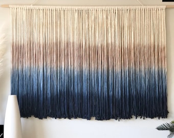 Blue Dip Dye Macrame Mural Ombre Yarn Wall Hanging Large Macrame Hanging Boho Macrame Decor Hand Woven Macrame Wall Hanging Navy Blue