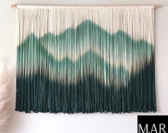 Macrame Mural Yarn Wall Hanging, Textile Wall Hanging with Mountain Wall Art, Macrame Backdrop or Macrame Headboard, Large Woven Wall Art