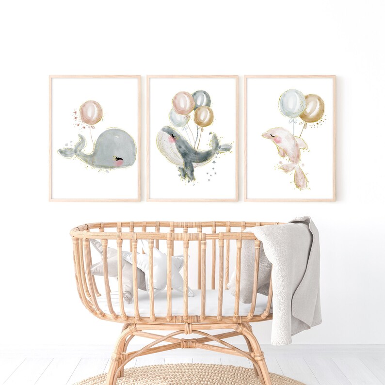 5x7 Whale Nursery Baby SEA ANIMALS Set of 3 Watercolor PRINTABLE Art Nursery Wall Baby Shower Gift Baby Boy Girl Nursery 18x24 11x14 8x10