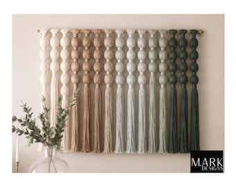 Quiet Luxury Large Earth Tone Ombre Ball Macrame for Modern Wall Spaces, Fiber Art Textile Wall Hanging, Neutral Sage, Green, Blush, Ivory