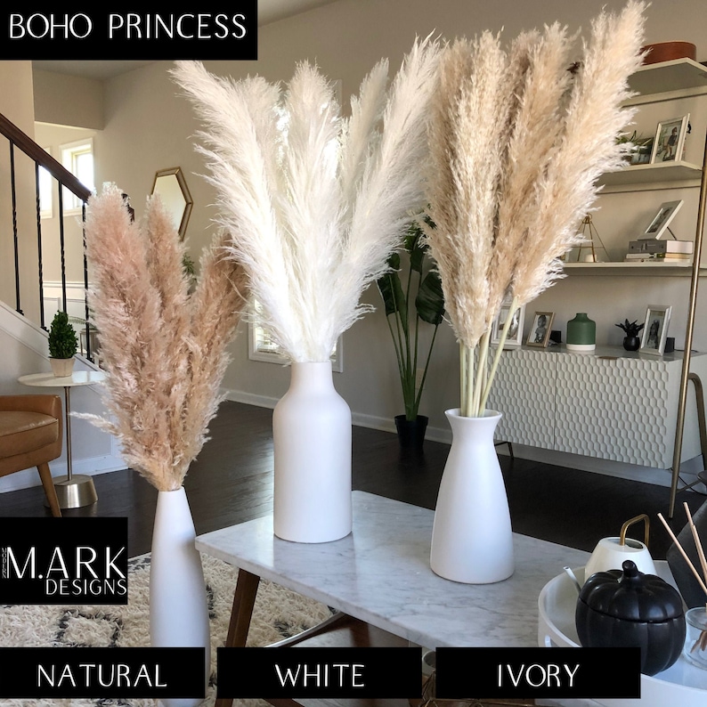 May include: Three vases with pampas grass in natural, white, and ivory colors. The vases are white ceramic and are sitting on a marble coffee table. The text "BOHO PRINCESS" is at the top of the image. The text "NATURAL", "WHITE", and "IVORY" are below the vases.