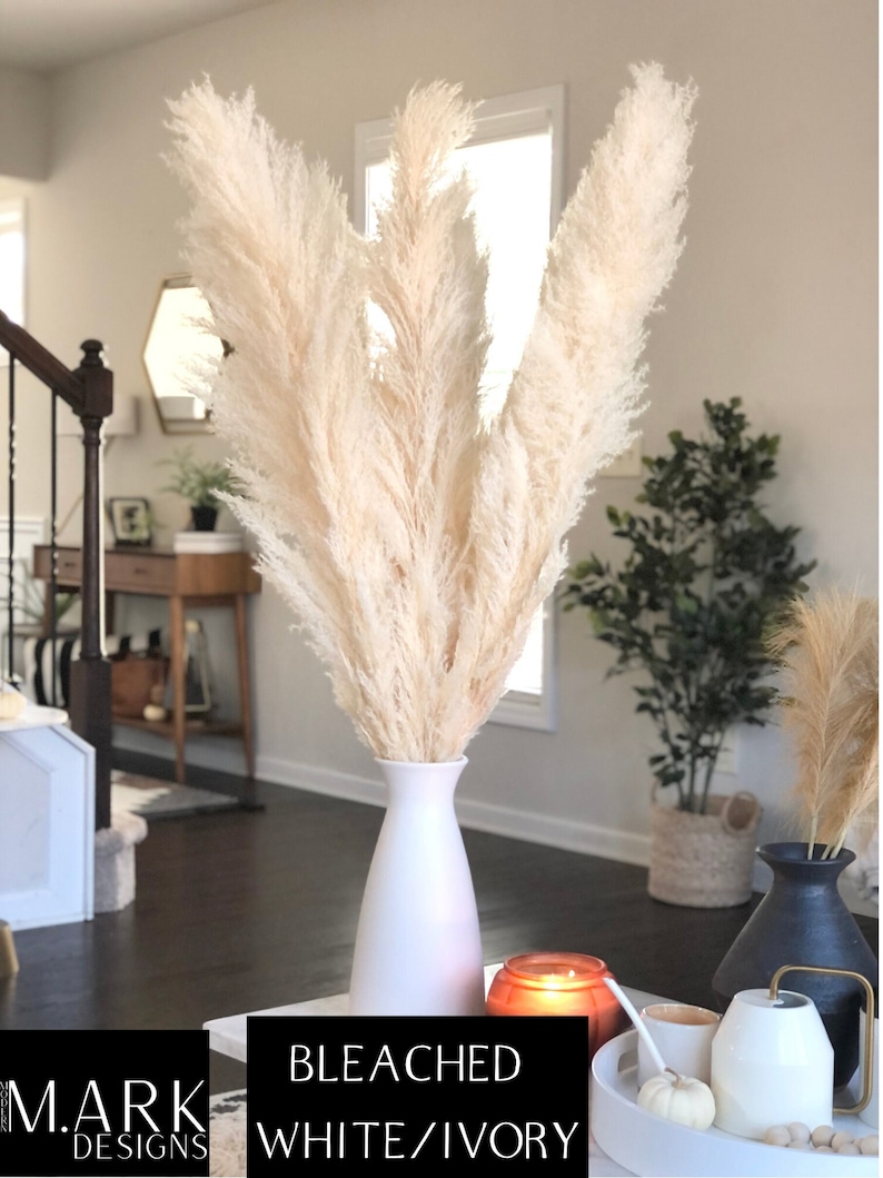 May include: A white vase with bleached white pampas grass in it. The vase is on a table with a candle and a small white pumpkin. The text "BLEACHED WHITE/IVORY" is on the table.