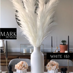 May include: White pampas grass in a white ceramic vase with two smaller white ceramic vases with peach colored flowers. The text "WHITE (6)" is visible in the image.