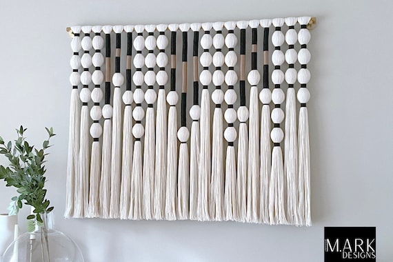 White Black Taupe/Gold Fiber Ball Macrame Wall Hanging, Neutral Colored Contemporary Yarn Wall Art, Modern Tapestry for Large Wall Space