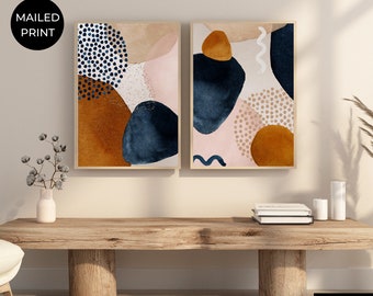 Mid-Century Modern Abstract Art Print, Camel Blush & Blue