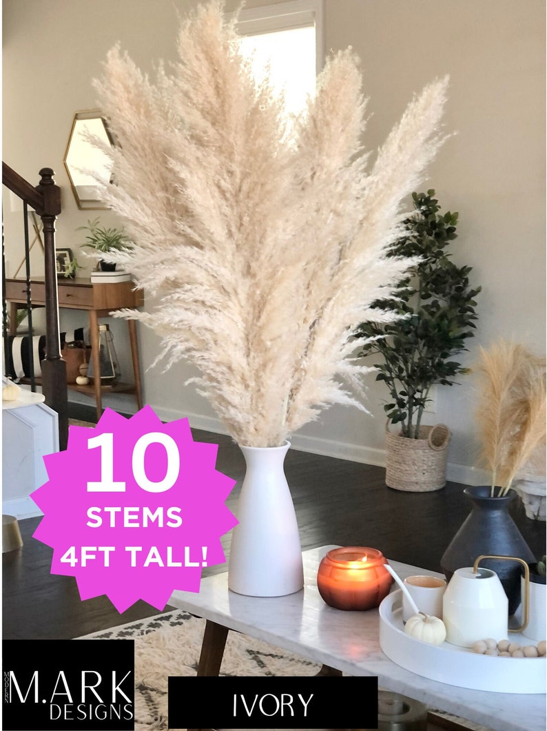 May include: Ten ivory pampas grass stems in a white vase, standing 4 feet tall. The vase is on a marble coffee table with a lit candle and other decorative items.