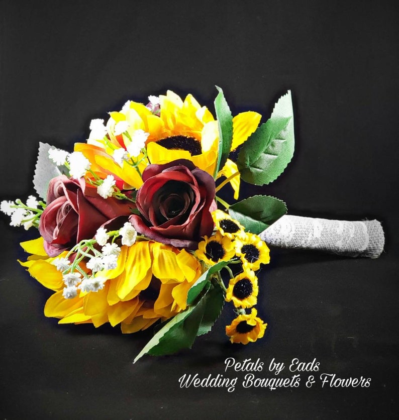 Sunflower and burgundy rose bouquet package Etsy