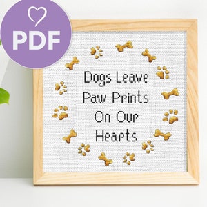 犬の足跡のクロスステッチパターン、心のこもったペットの引用の刺繍デザイン、足跡と骨のステッチ、PDF の即時ダウンロード、カスタム クロスステッチ