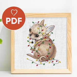 Little dog сross stitch pattern. Christmas dog cross stitch pattern PDF. Chihuahua cross stitch.
