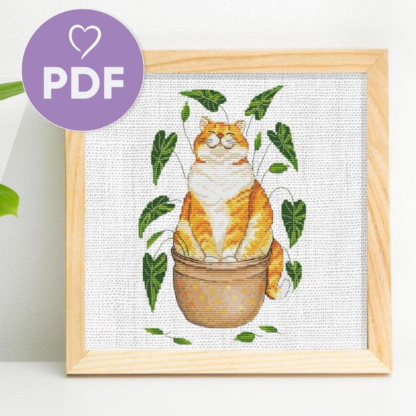 Orange Cat Cross Stitch Pattern, Fluffy Cat Cross Stitch PDF Pattern, Cat In Flower Pot Embroidery, Rustic Cat X-Stitch Design, DIY Gift