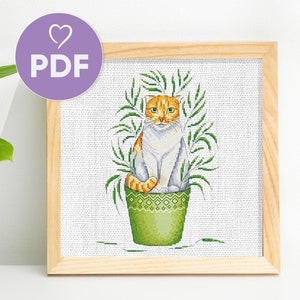 Fluffy Cat In Pot Cross Stitch Pattern, Cute Cat PDF Embroidery Design, Funny Cat and Greenery Cross Stitch Pattern, Animal Lover Gift Idea