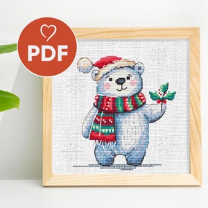 Ours polaire en bonnet de Noel, motif de broderie de Noël, joli ours d'hiver, point de croix, PDF ours blanc, décoration murale bricolage