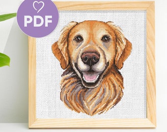 ゴールデンレトリバーのクロスステッチ図案、犬の肖像画刺繍デザイン