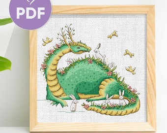 Enchanted Forest Dragon Cross Stitch Design, Whimsical Green Dragon with Floral Details, Rabbits & Birds, Magic Dragon Embroidery Pattern