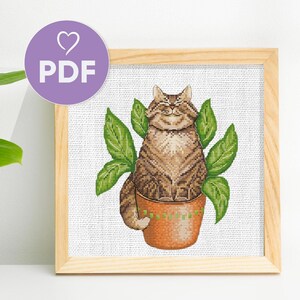 Tabby Cat in Flower Pot Cross Stitch Pattern, Cute Cat and Leaves Cross Embroidery Design, PDF X-Stitch, Pet Animals Cross Stitch, Funny Cat