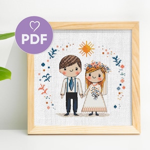 Cute Bride & Groom Cross Stitch PDF Pattern, Newlyweds Embroidery Design, Wedding Cross Stitch, Couple X-Stitch, Romantic Embroidery Design