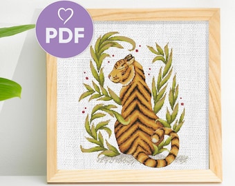 Patrón de punto de cruz de tigre, diseño de bordado con temática de jungla, patrón de punto de cruz en PDF, bordado moderno con animales salvajes, punto de cruz de tigre salvaje