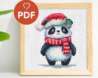 Christmas Panda Cross Stitch Pattern, Festive Animal Embroidery Design, Adorable Panda in Santa Hat, PDF X-Stitch Chart, Christmas DIY Gift