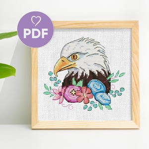 Weißkopfseeadler mit Blumenkranz Kreuzstichmuster - PDF DIY Stickerei Landschaft, USA Natur Wildtier Dekor, sofortiger Download