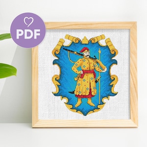 May include: A cross-stitch pattern of a coat of arms featuring a blue shield with a gold frame. The shield depicts a man in a yellow and red costume holding a rifle and standing on a blue background.