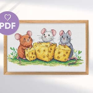 Süßes Mäuse Kreuzstichmuster PDF, Drei Mäuse mit Käse, lustiges Maus Kreuzstich Stickmuster