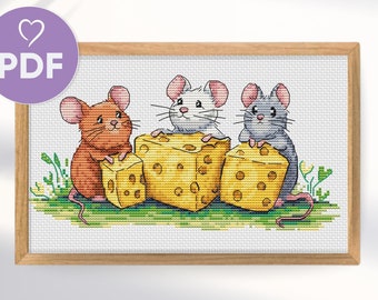 Cute Mice Cross Stitch Pattern PDF, Three Mice with Cheese Embroidery, Funny Mouse Counted Cross Stitch, Whimsical Animal Embroidery Design