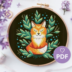 Adorable Fox in Forest Cross Stitch Pattern, Cute Animals Cross Stitch Design, Fluffy Fox PDF Embroidery Pattern, X-Stitch For Dark Fabric