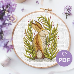 Rabbit Cross Stitch Pattern, Animal&#39;s Theme Cross Stitch Design, PDF X-Stitch, Rabbit In Forest Embroidery, Kids Room Cross Stitch Decor
