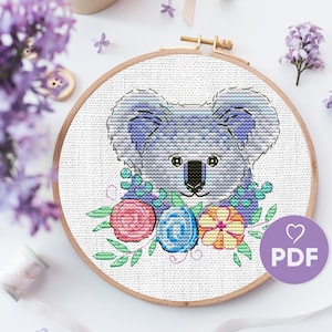 Padrão de ponto cruz de coala fofo, ponto cruz de animais engraçados, decoração de ponto cruz para quarto infantil, ponto cruz de coala faça você mesmo, ponto cruz floral em PDF