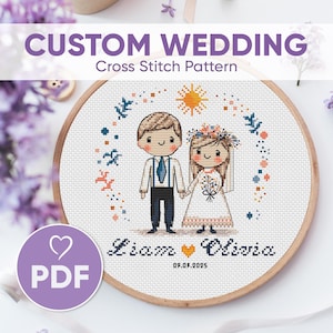 Modèle PDF de mariage personnalisé au point de croix, broderie personnalisée pour les mariés, nom et date du couple, point X, broderie DIY, cadeau de mariage