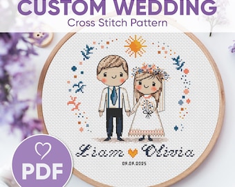 Custom Wedding Cross Stitch Pattern PDF, Personalized Bride & Groom Embroidery, Couple Name and Date X-Stitch, DIY Embroidery Wedding Gift