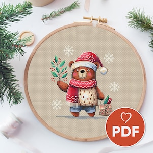 Weihnachtsbär Kreuzstichmuster, festliches Bären Kreuzstichmuster, lustiger Bär PDF X-Stich, Weihnachtskreuzstich Geschenk Postkarte