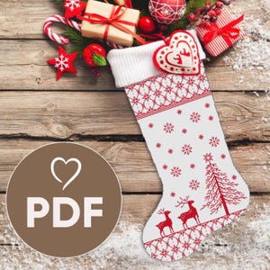 Christmas Stocking Cross Stitch Pattern, Festive Reindeer & Snowflake Embroidery Design, PDF X-Stitch, Holiday Stocking Decor, Cozy X-Stitch