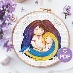 Mother and Child Cross-Stitch Pattern PDF, Peaceful Family Themed Embroidery Design, Ukrainian Mood Embroidery Pattern, Maternal Love Stitch