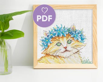 Fluffy Tabby Cat in Floral Crown Cross Stitch Pattern, Cute Cat and Flowers Embroidery Design, PDF X-Stitch for Pet Lovers, Funny Cat Stitch