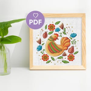 Traditional Folk Hen Cross-Stitch Pattern, Animal & Floral Embroidery Design, Rustic Style Cross Stitch Design, Farmhouse Embroidery Decor