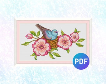 Pink flowers cross stitch pattern PDF. Blue bird cross stitch pattern