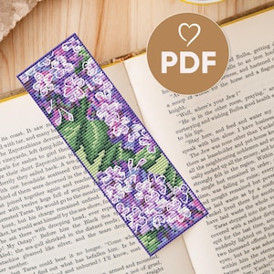 Patrón de marcapáginas de punto de cruz "Arbusto de lila", bordado floral en PDF, regalo DIY hecho a mano, gráfico digital de punto X, diseño moderno de bordado
