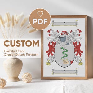 Custom Family Crest Cross Stitch Pattern PDF, Personalized Coat of Arms Embroidery Design, DIY Family Crest Gift, House Crest X-Stitch File