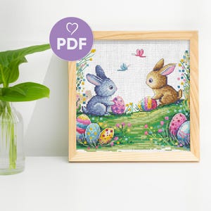 Osterhase Kreuzstichmuster, PDF Kreuzstich, niedlichen Frühling Stickerei, Osterei Design, DIY Handarbeit für Anfänger, Kinder X-Stich