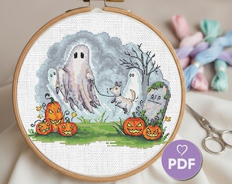 Patrón de punto de cruz de Halloween, diseño contado de espantapájaros, fantasma, perro y calabaza, regalo de costura espeluznante