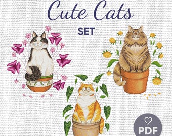 Katze Kreuzstich Stickmuster, Katze im Topf Stickerei PDF X-Stitch Stickmuster