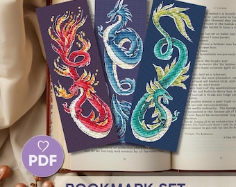 Lot de 3 marque-pages dragons — Modèle de point de croix PDF