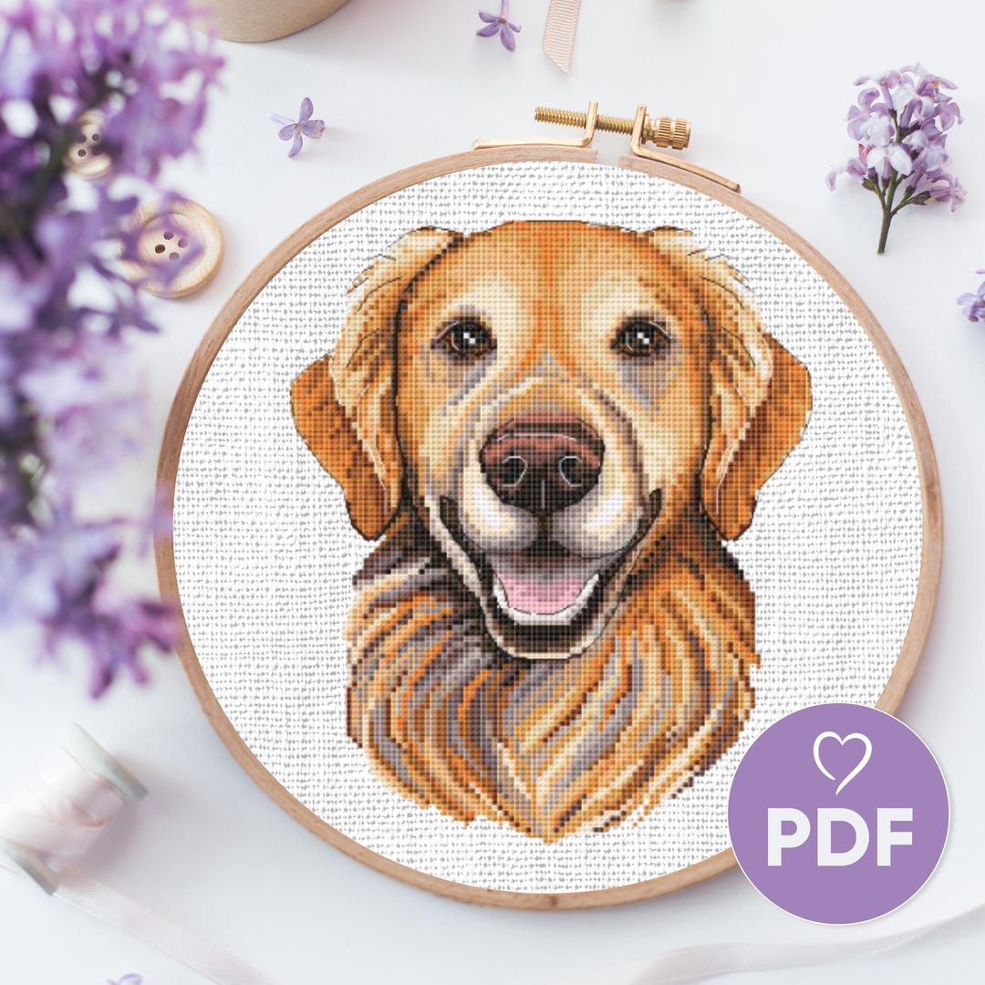 ゴールデンレトリバーのクロスステッチ図案、犬の肖像画刺繍デザイン