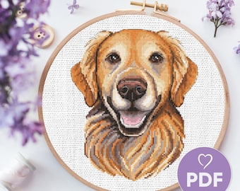 ゴールデンレトリバーのクロスステッチ図案、犬の肖像画刺繍デザイン