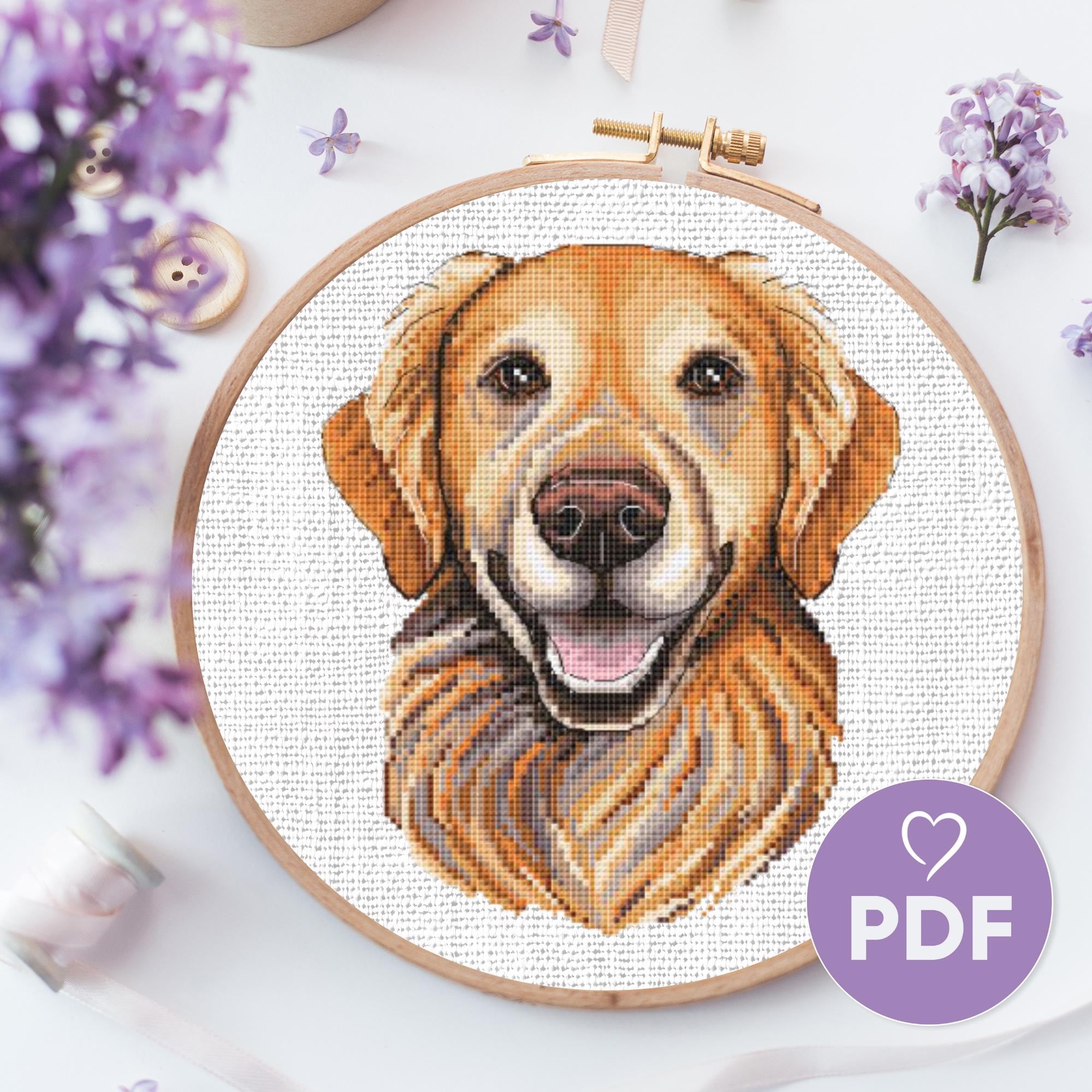 ゴールデンレトリバーのクロスステッチ図案、犬の肖像画刺繍デザイン