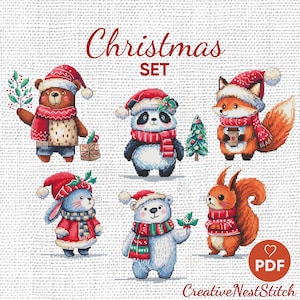 Conjunto de 6 patrones de punto de cruz de animales navideños, colección de animales navideños, diseño de punto de cruz de invierno, postal de regalo con bordado navideño