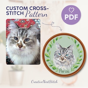 Custom Cat Cross Stitch Pattern, Personalized Pet Embroidery Design, PDF X-Stitch, Black & White Cat Portrait Cross Stitch, Pet Gift Pattern