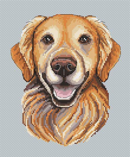 ゴールデンレトリバーのクロスステッチ図案、犬の肖像画刺繍デザイン